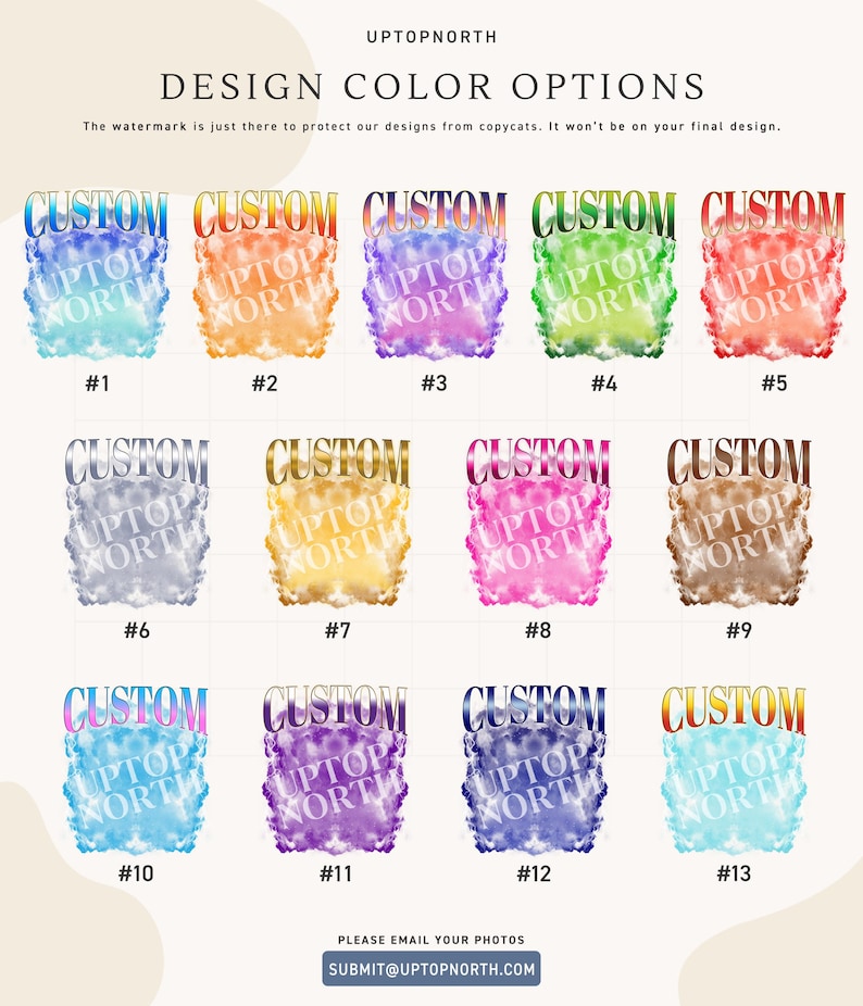 Pu&ograve; includere: Una tabella delle opzioni di colore del design con il testo "UPTOPNORTH" e "OPZIONI COLORE DESIGN". La tabella mostra 13 opzioni di colore, ciascuna con la parola "CUSTOM" e uno sfondo ad acquerello unico. La parte inferiore dell'immagine dice "INVIA LE TUE FOTO VIA EMAIL" e fornisce un indirizzo email.