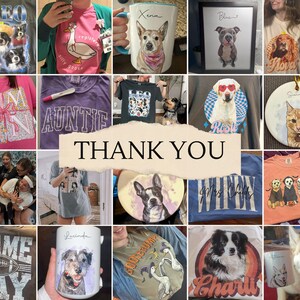 May include: A collage of various items, including t-shirts, mugs, and a framed picture, each featuring custom pet portraits. The items showcase different dog and cat breeds, with personalized names and designs. The word "THANK YOU" is in the center.