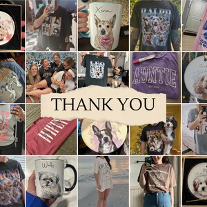 May include: A collage of images featuring personalized dog-themed gifts, including t-shirts, mugs, ornaments, and other items. The images show a variety of dog breeds and designs, with some featuring the text "Auntie" and "Thank You".