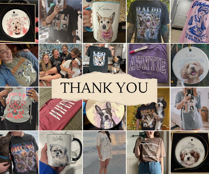 May include: A collage of images featuring personalized dog-themed gifts, including t-shirts, mugs, ornaments, and other items. The images show a variety of dog breeds and designs, with some featuring the text "Auntie" and "Thank You".