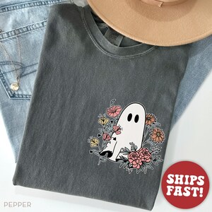 Comfort Colors® Summerween Shirt, Halloween Floral Ghost Shirt, Cottagecore Ghost Tee, Cute Halloween Shirt Pepper