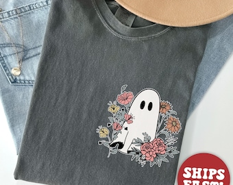 Comfort Colors® Summerween Shirt, Halloween Floral Ghost Shirt, Cottagecore Ghost Tee, Cute Halloween Shirt