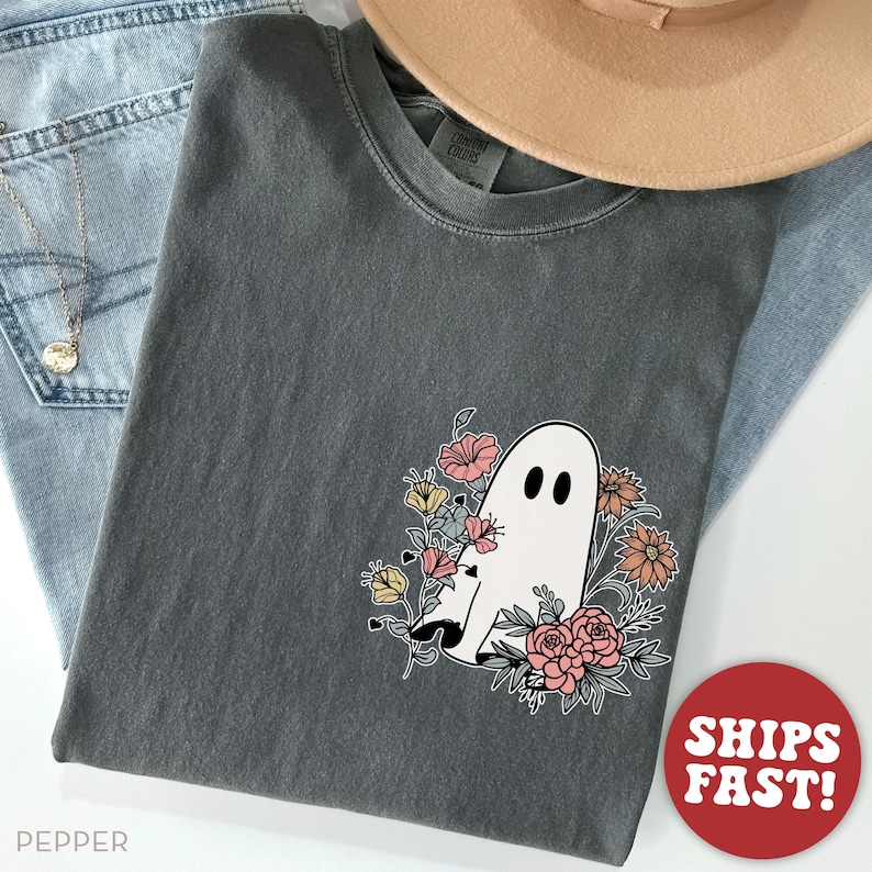 Comfort Colors® Summerween Shirt, Halloween Floral Ghost Shirt, Cottagecore Ghost Tee, Cute Halloween Shirt Pepper