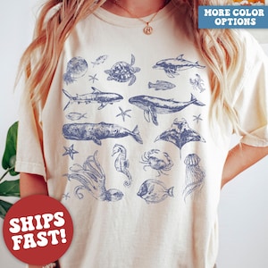 Comfort Colors® Vintage 90s Tattoo Sea Animal Tshirt, Ocean Shirt, Whale Shirt, Orca Shirt, Sea Shell Shirt