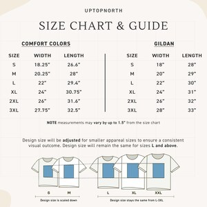 K&ouml;nnte beinhalten: Eine Gr&ouml;&szlig;entabelle und ein Leitfaden f&uuml;r Comfort Colors und Gildan T-Shirts. Die Tabelle zeigt die Ma&szlig;e in Zentimetern f&uuml;r Breite und L&auml;nge, von Gr&ouml;&szlig;e S bis 3XL. Die Designgr&ouml;&szlig;e wird f&uuml;r kleinere Konfektionsgr&ouml;&szlig;en angepasst.