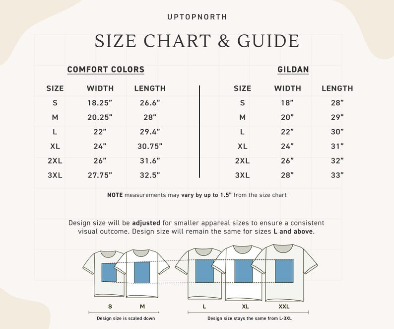 K&ouml;nnte beinhalten: Eine Gr&ouml;&szlig;entabelle und ein Leitfaden f&uuml;r Comfort Colors und Gildan T-Shirts. Die Tabelle zeigt die Ma&szlig;e in Zentimetern f&uuml;r Breite und L&auml;nge, von Gr&ouml;&szlig;e S bis 3XL. Die Designgr&ouml;&szlig;e wird f&uuml;r kleinere Konfektionsgr&ouml;&szlig;en angepasst.