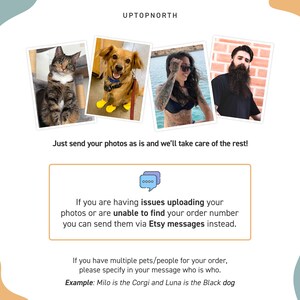 May include: A digital graphic with the text UPTOPNORTH featuring four square photos of a cat, a dog with yellow booties, a person in sunglasses, and a person with a beard. Text instructions explain how to upload photos and contact via Etsy messages.