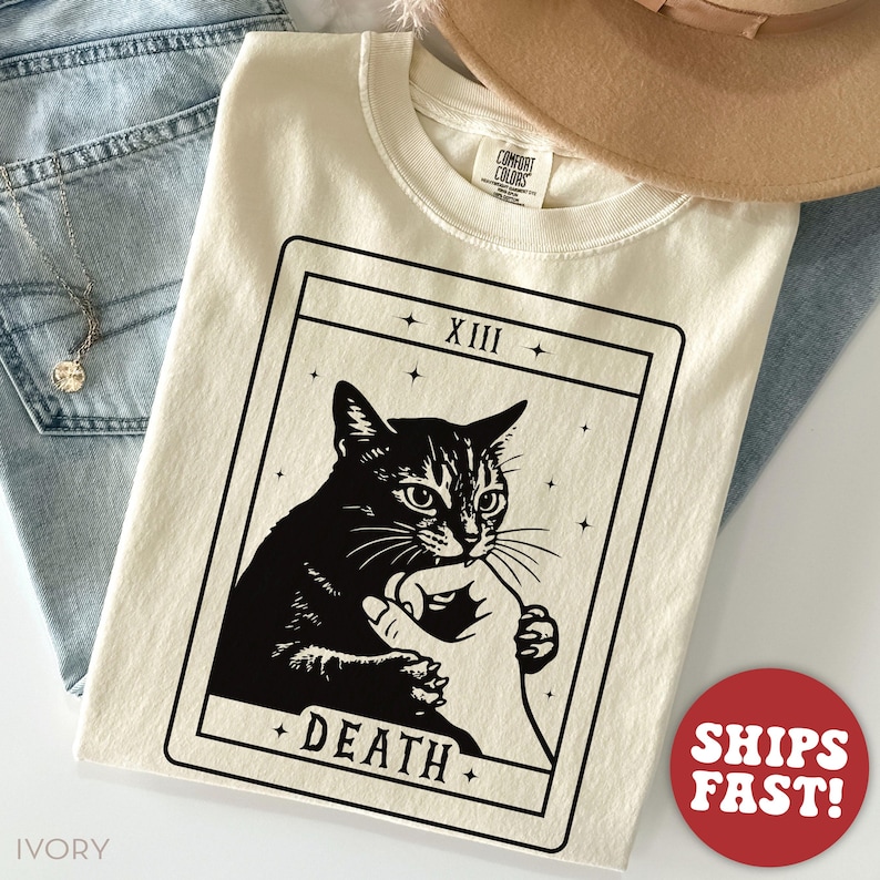 Comfort Colors® Funny Cat Shirt, Halloween Cat Shirt for Cat Mom, Tarot Card Shirt, Cat Lover Gift Ivory