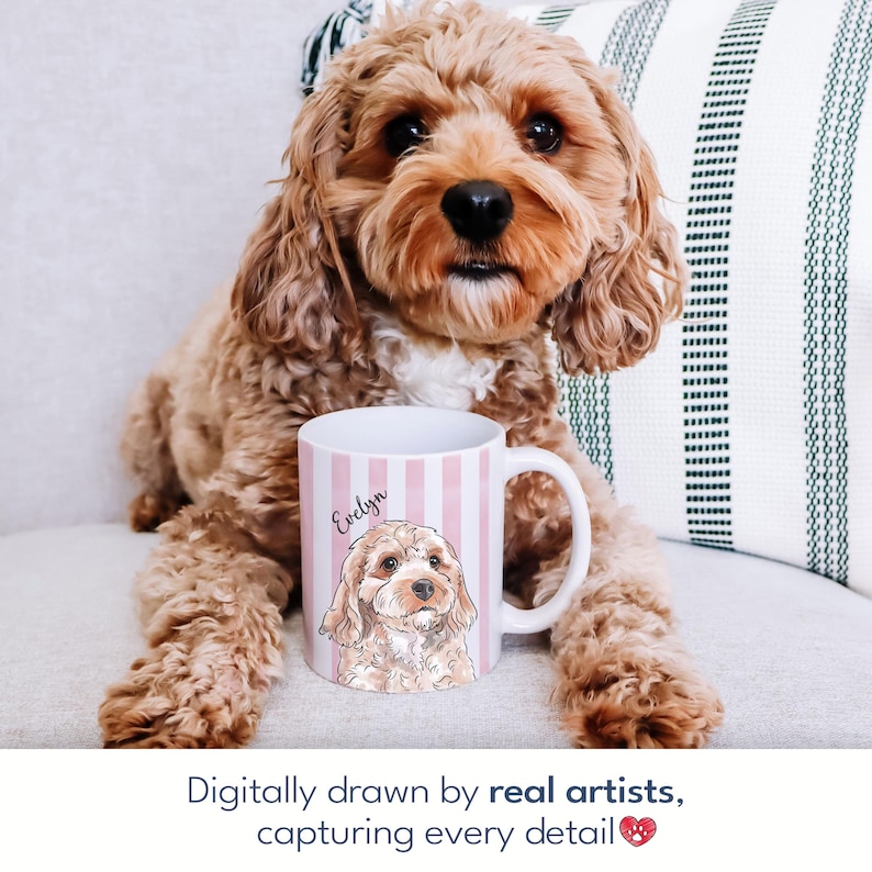 May include: A white ceramic mug featuring a vertical light pink and white striped pattern. The mug displays a custom digital illustration of a golden-brown curly-haired dog with the name Evelyn printed in black script above the dog illustration.