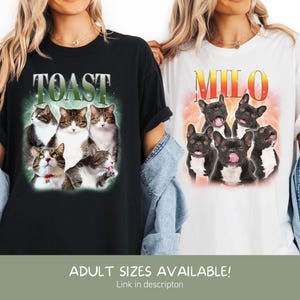 May include: A black t-shirt featuring a graphic of five cats and the text TOAST above them, and a white t-shirt featuring a graphic of four French bulldogs and the text MILO above them. Both shirts are shown with blue denim jackets draped over the shoulders.
