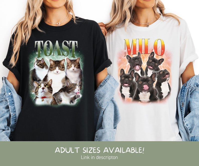 May include: A black t-shirt featuring a graphic of five cats and the text TOAST above them, and a white t-shirt featuring a graphic of four French bulldogs and the text MILO above them. Both shirts are shown with blue denim jackets draped over the shoulders.