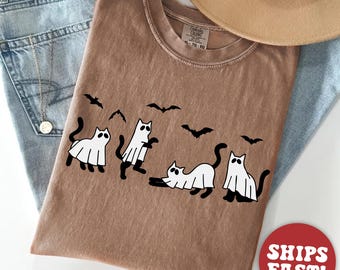 Comfort Colors® Ghost Black Cat Shirt, Ghost Shirt for Halloween, Cat Mom Shirt, Cute Halloween Black Cat Shirt