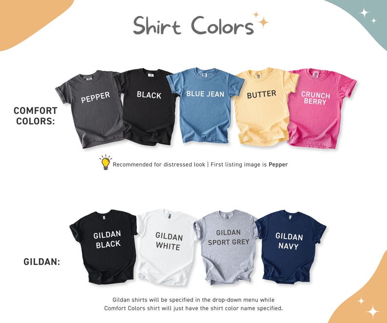 May include: A color chart displaying nine short-sleeve t-shirts arranged in two rows. The top row labeled Comfort Colors includes Pepper, Black, Blue Jean, Butter, and Crunch Berry. The bottom row labeled Gildan includes Black, White, Sport Grey, and Navy.