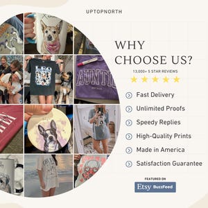 May include: A collage of various products, including t-shirts, mugs, and a coaster, each featuring custom pet portraits and text. The image also includes text that reads "Why Choose Us?" and highlights features like fast delivery and high-quality prints.