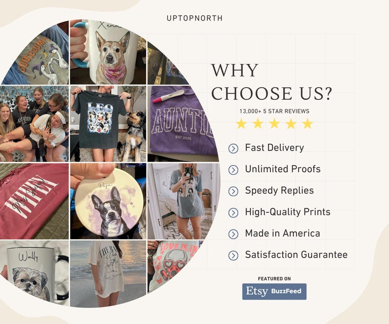May include: A collage of various products, including t-shirts, mugs, and a coaster, each featuring custom pet portraits and text. The image also includes text that reads "Why Choose Us?" and highlights features like fast delivery and high-quality prints.