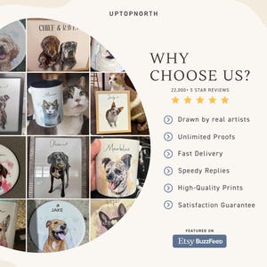 May include: A collage of custom pet portraits on mugs, framed prints, and ornaments featuring various dog and cat illustrations with names. Text includes UPTOPNORTH, WHY CHOOSE US?, 22,000+ 5 STAR REVIEWS, Drawn by real artists, Unlimited Proofs, Fast Delivery, Speedy Replies, High-Quality Prints, Satisfaction Guarantee, and Etsy BuzzFeed.
