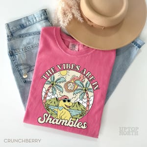 May include: A pink t-shirt with the text "THE VIBES ARE IN Shambles" and a cartoon dinosaur wearing sunglasses and a hat. The shirt is paired with blue jeans and a tan hat. The shirt has a round neck.