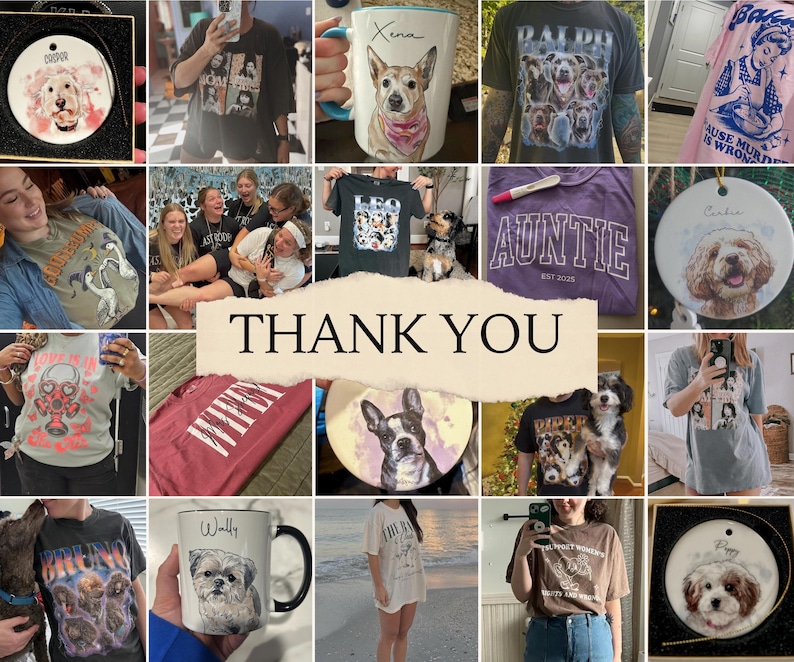 Puede incluir: Un collage de varios art&iacute;culos con dise&ntilde;os de perros. Incluye camisetas con gr&aacute;ficos de perros, tazas con retratos de perros y adornos decorativos. El texto "THANK YOU" es visible en el centro.