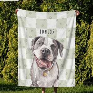May include: A soft blanket featuring a sage green and white checkered pattern with small paw prints. The center displays a large illustration of a smiling dog with gray and white fur, wearing a collar with a tag, and the name JUNIOR printed above.