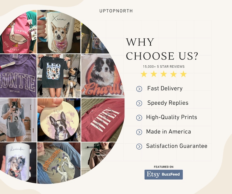 May include: Collage of custom pet-themed products, including t-shirts, mugs, and a coaster. The products feature various dog breeds and personalized text. The image also includes text that says "WHY CHOOSE US?" and "Etsy BuzzFeed".