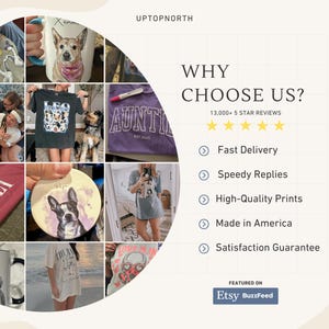 Puede incluir: Un collage de varios productos, incluyendo camisetas y tazas, cada uno con ilustraciones de perros. La imagen tambi&eacute;n incluye el texto "AUNTI EST 2015" y "WHY CHOOSE US?" con una lista de beneficios y los logotipos de Etsy y BuzzFeed.