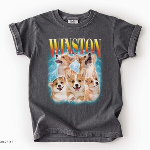May include: A charcoal gray short-sleeve t-shirt featuring a graphic print of five Corgi dogs. Above the dogs, the name WINSTON is printed in a yellow-to-red gradient font. The dogs are set against a blue, cloud-like, ethereal background.