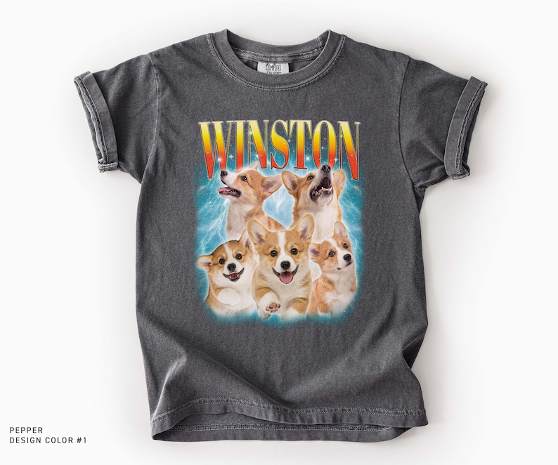 May include: A charcoal gray short-sleeve t-shirt featuring a graphic print of five Corgi dogs. Above the dogs, the name WINSTON is printed in a yellow-to-red gradient font. The dogs are set against a blue, cloud-like, ethereal background.