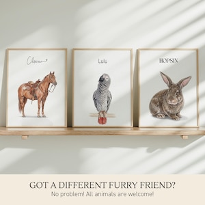 Op de afbeelding: Drie ingelijste wandprints met aquarelillustraties van een bruin paard met zadel genaamd Clover, een grijze papegaai genaamd Lulu en een bruin konijn genaamd HOPSIN. De tekst onderaan luidt GOT A DIFFERENT FURRY FRIEND? No problem! All animals are welcome!