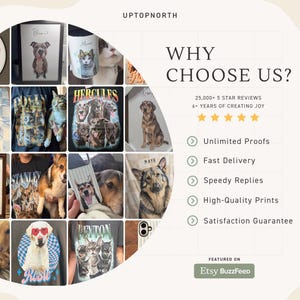 May include: A promotional graphic for UPTOPNORTH featuring a collage of custom pet portraits on various items like framed prints, mugs, phone cases, and t-shirts. The text includes WHY CHOOSE US, 25,000+ 5 STAR REVIEWS, and service benefits.