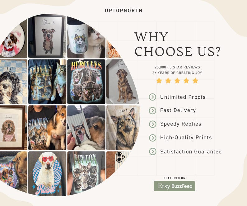 May include: A promotional graphic for UPTOPNORTH featuring a collage of custom pet portraits on various items like framed prints, mugs, phone cases, and t-shirts. The text includes WHY CHOOSE US, 25,000+ 5 STAR REVIEWS, and service benefits.