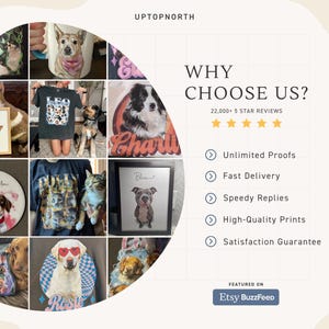 May include: A collage of custom pet portraits on various items including t-shirts, mugs, framed prints, and ornaments. The text reads UPTOPNORTH, WHY CHOOSE US?, 22,000+ 5 STAR REVIEWS, Unlimited Proofs, Fast Delivery, Speedy Replies, High-Quality Prints, Satisfaction Guarantee, and Etsy BuzzFeed.