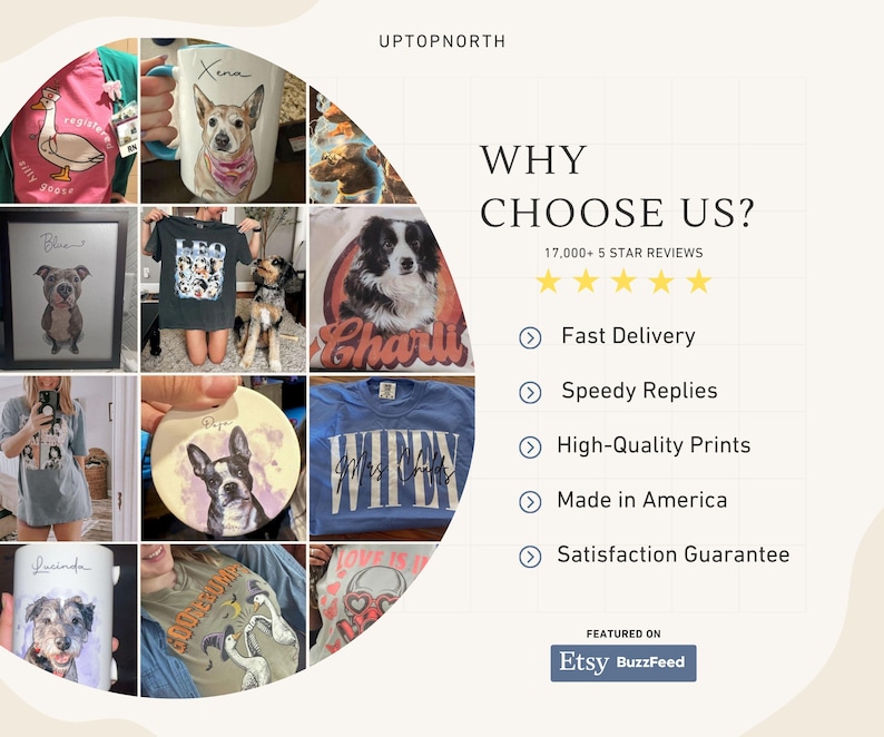 K&ouml;nnte beinhalten: Eine Collage aus personalisierter Kleidung und Trinkgef&auml;&szlig;en mit Tierportr&auml;ts und Grafikdesigns, neben dem Text WHY CHOOSE US, 17,000+ 5 STAR REVIEWS, Fast Delivery, Speedy Replies, High-Quality Prints, Made in America und Satisfaction Guarantee.