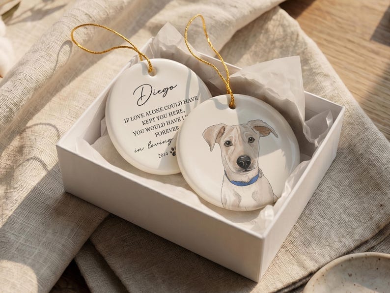 May include: Two round white ceramic ornaments with gold hanging strings. One ornament features a hand-drawn illustration of a light-colored dog with a blue collar. The other displays the text Diego, If love alone could have kept you here, you would have lived forever, in loving memory, and 2014 with a paw print.