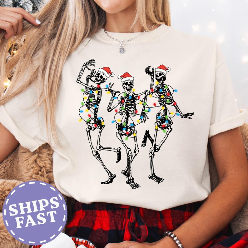 Comfort Colors® Dancing Skeleton Shirt, Christmas Skeleton T Shirt, Holiday Christmas T-Shirt image 1