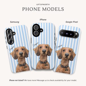 May include: Three phone cases for Samsung, iPhone, and Google Pixel models, each featuring a light blue and white vertical striped background and a brown dachshund illustration with the name Cooper written in script above the dog's head.