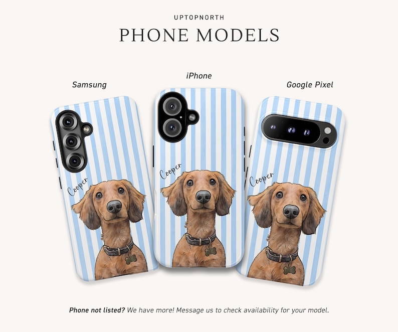 May include: Three phone cases for Samsung, iPhone, and Google Pixel models, each featuring a light blue and white vertical striped background and a brown dachshund illustration with the name Cooper written in script above the dog's head.