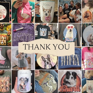 Op de afbeelding: Een collage van verschillende items met hondenthema-ontwerpen. Bevat t-shirts, mokken en ornamenten met hondenportretten en tekst. De zin "THANK YOU" staat prominent in het midden.