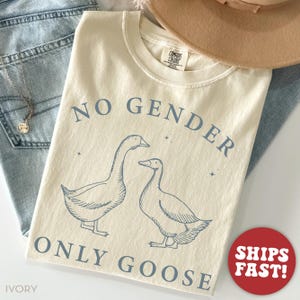 May include: Ivory-colored t-shirt with the text "NO GENDER ONLY GOOSE" in blue. The shirt features a drawing of two geese. The shirt is displayed with blue jeans and a tan hat.