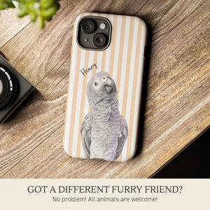 May include: A smartphone case featuring a vertical light orange and white striped pattern with a detailed illustration of a grey African parrot in the center. The name Henry is printed in black script above the parrot. The case has a black camera cutout.
