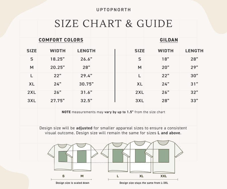 May include: A size chart and guide for Comfort Colors and Gildan apparel. The chart lists sizes S through 3XL with corresponding width and length measurements in inches. It includes a note about design scaling for smaller sizes versus larger sizes.