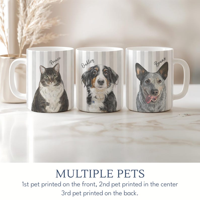 May include: Three white ceramic mugs featuring vertical light gray stripes and custom pet portraits. Each mug displays a unique animal illustration with a name printed above: Prince, Oakley, and Bruno. The mugs have side handles.
