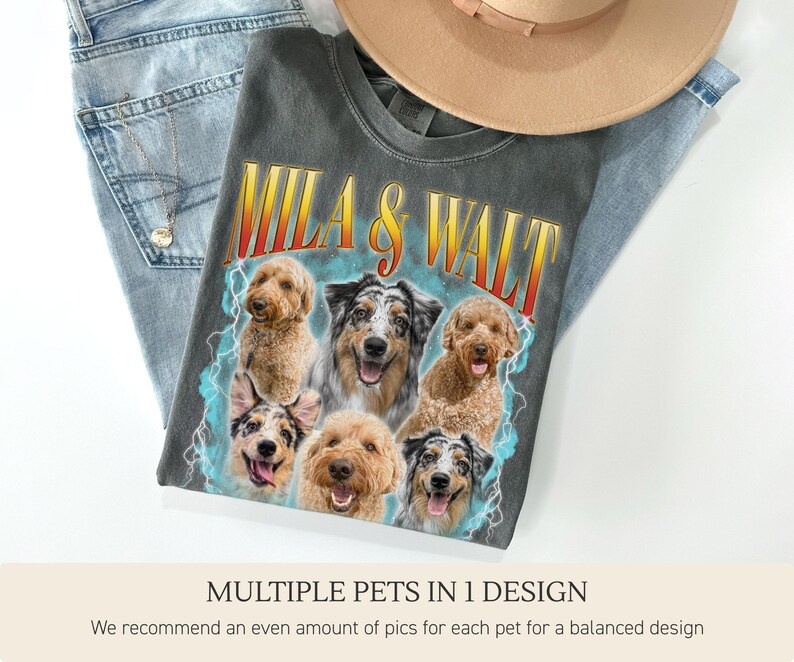 May include: A charcoal gray t-shirt featuring the text MILA & WALT in a yellow and red gradient font. The graphic includes six dog portraits arranged in a collage, surrounded by blue lightning bolt illustrations on a light blue background.