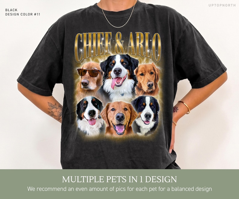 May include: A black short-sleeved t-shirt featuring a graphic print of six dogs, including golden retrievers and Bernese mountain dogs, with the text "CHIEF & ARLO" in a gold metallic font at the top. The design includes a glowing aura effect.