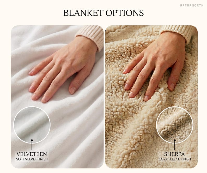 May include: A comparison of two blanket options labeled BLANKET OPTIONS and UPTOPNORTH. The left side shows a smooth white velveteen fabric with a soft velvet finish. The right side shows a textured beige sherpa fabric with a cozy fleece finish.