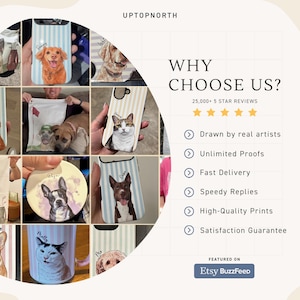 May include: A collage of custom phone cases, towels, and mugs featuring hand-drawn pet portraits. Text includes UPTOPNORTH, WHY CHOOSE US?, 25,000+ 5 STAR REVIEWS, Drawn by real artists, Unlimited Proofs, Fast Delivery, Speedy Replies, High-Quality Prints, Satisfaction Guarantee, and Etsy BuzzFeed.