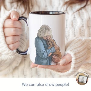 May include: White ceramic mug with a black interior and handle, featuring a digitally drawn illustration of a person hugging a puppy. The image includes the text "We can also draw people!" and a small drawing of a person and a dog.