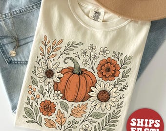 Comfort Colors® Boho Fall Floral T-Shirt, Retro Pumpkin Aesthetic Tee, Autumn Mood Shirt, Vintage Graphic Pumpkin Tee, Cozy Fall Gift