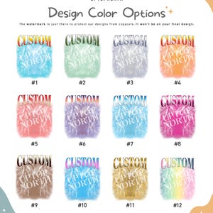 May include: A graphic design chart titled Design Color Options by UPTOPNORTH displaying twelve numbered variations of the word CUSTOM above the text UPTOPNORTH, each featuring a unique color gradient and a lightning bolt pattern background effect.