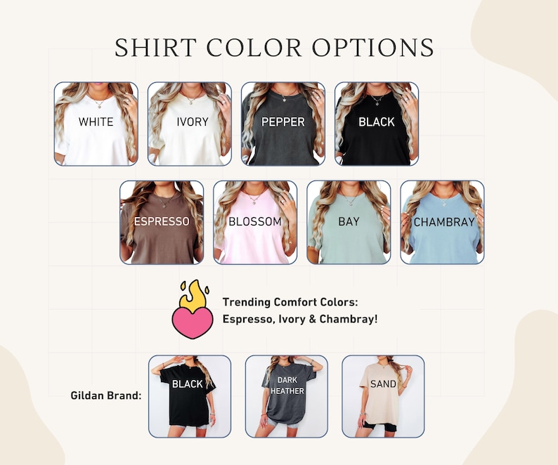 May include: Image showcasing various t-shirt color options, including white, ivory, pepper, black, espresso, blossom, bay, and chambray. The text highlights trending comfort colors: Espresso, Ivory, and Chambray. The Gildan brand is also featured.