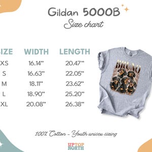 May include: A grey t-shirt featuring a graphic of five dachshunds and the text BRUNO. Next to the shirt is a Gildan 5000B size chart listing widths and lengths in inches for sizes XS through XL, with the text 100% Cotton - Youth unisex sizing.